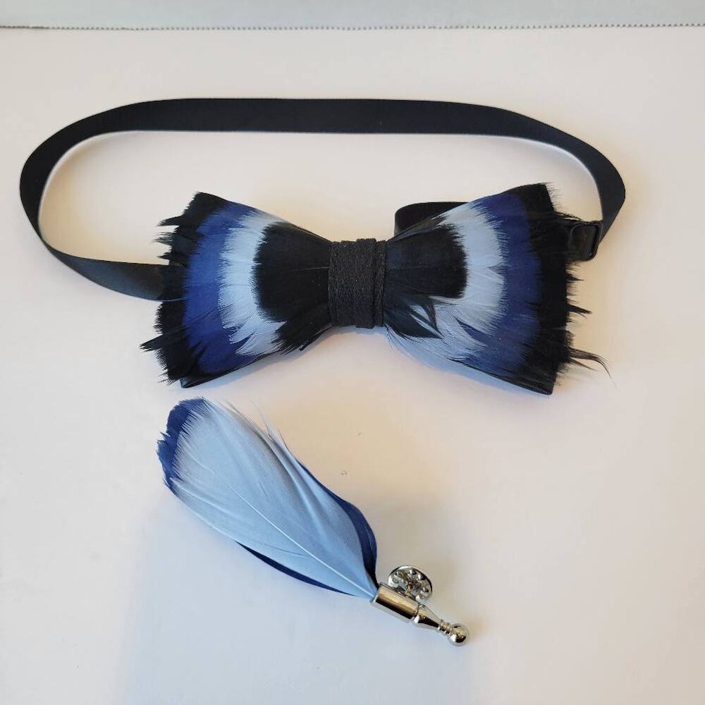 Blue Feather Bow Tie Pre-Tied Bow Tie with Brooch Set for Men Tuxedo Banquet